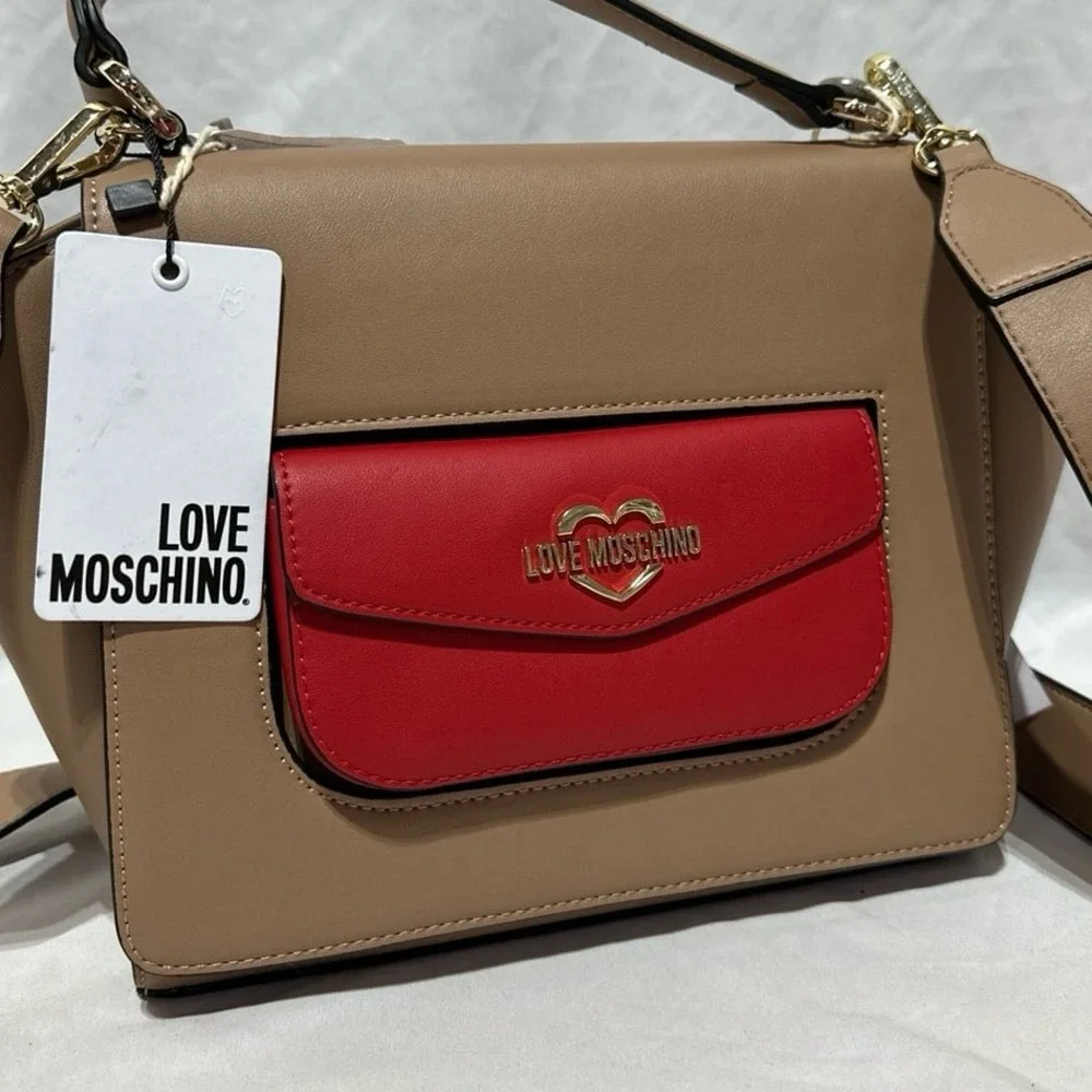 Love Moschino Tan Beige Brown Red Gold Top Handle Handbag Crossbody NWT
